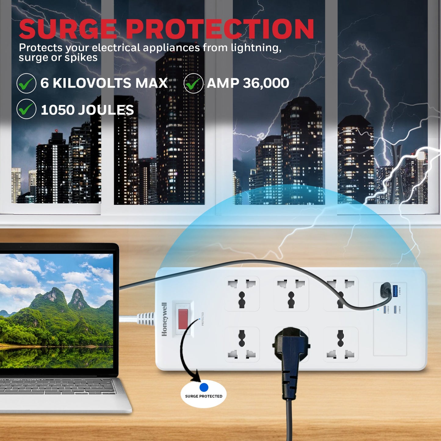 6 Outlet Surge Protector with 2xType C with PD & 2xUSB - White