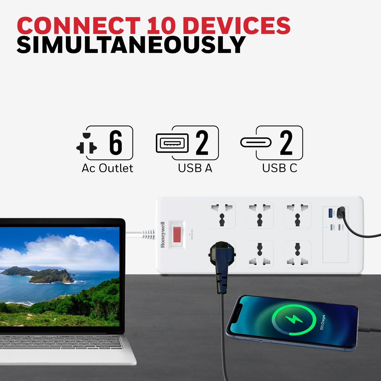 6 Outlet Surge Protector with 2xType C with PD & 2xUSB - White