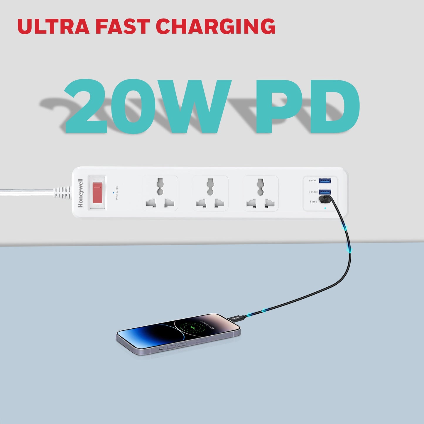 3 Outlet Surge Protector With 1xType C & 2xUSB - White
