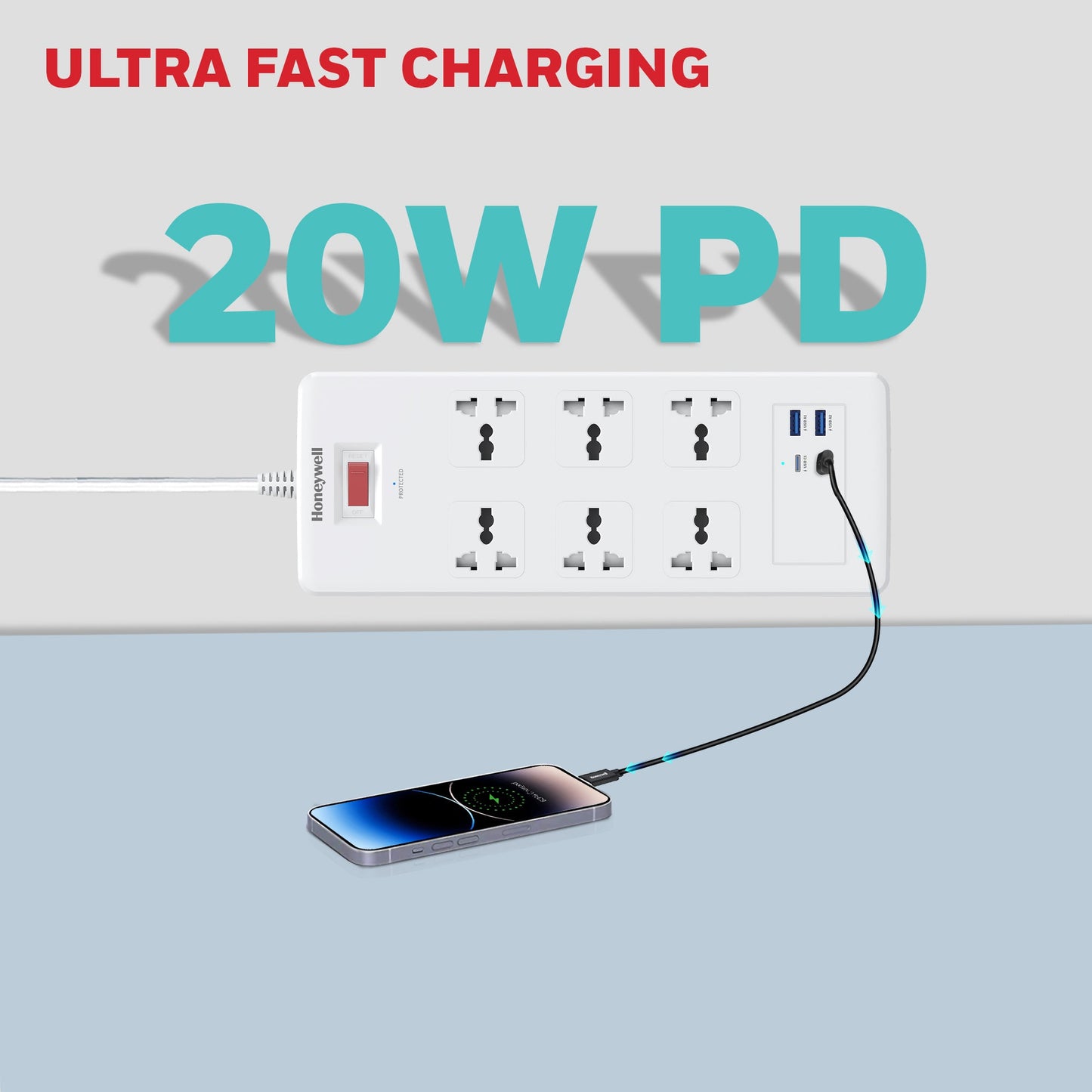 6 Outlet Surge Protector with 2xType C with PD & 2xUSB - White