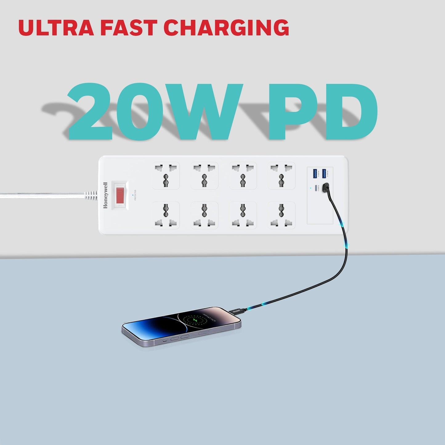 8 Outlet Surge Protector with 2 Type C with PD & 2 USB - White