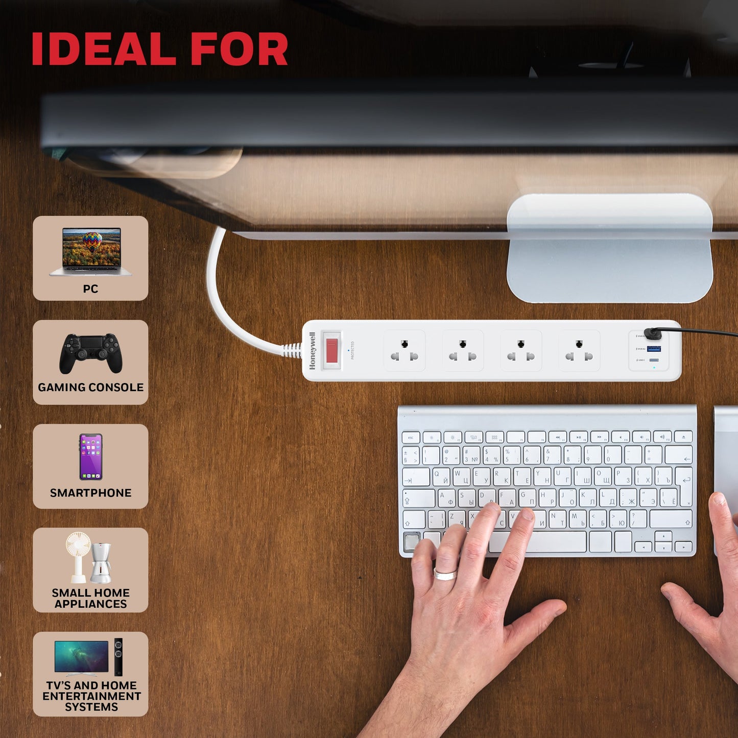 4 Outlet Surge Protector with 1xType C with PD & 2xUSB - White