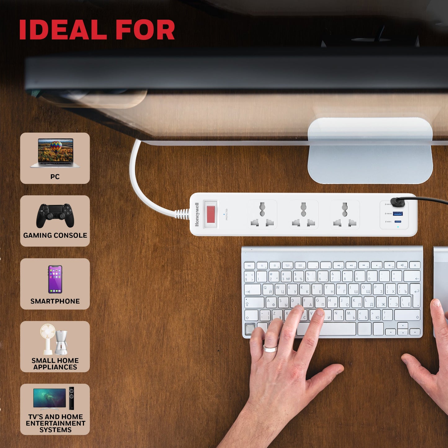 3 Outlet Surge Protector With 1xType C & 2xUSB - White