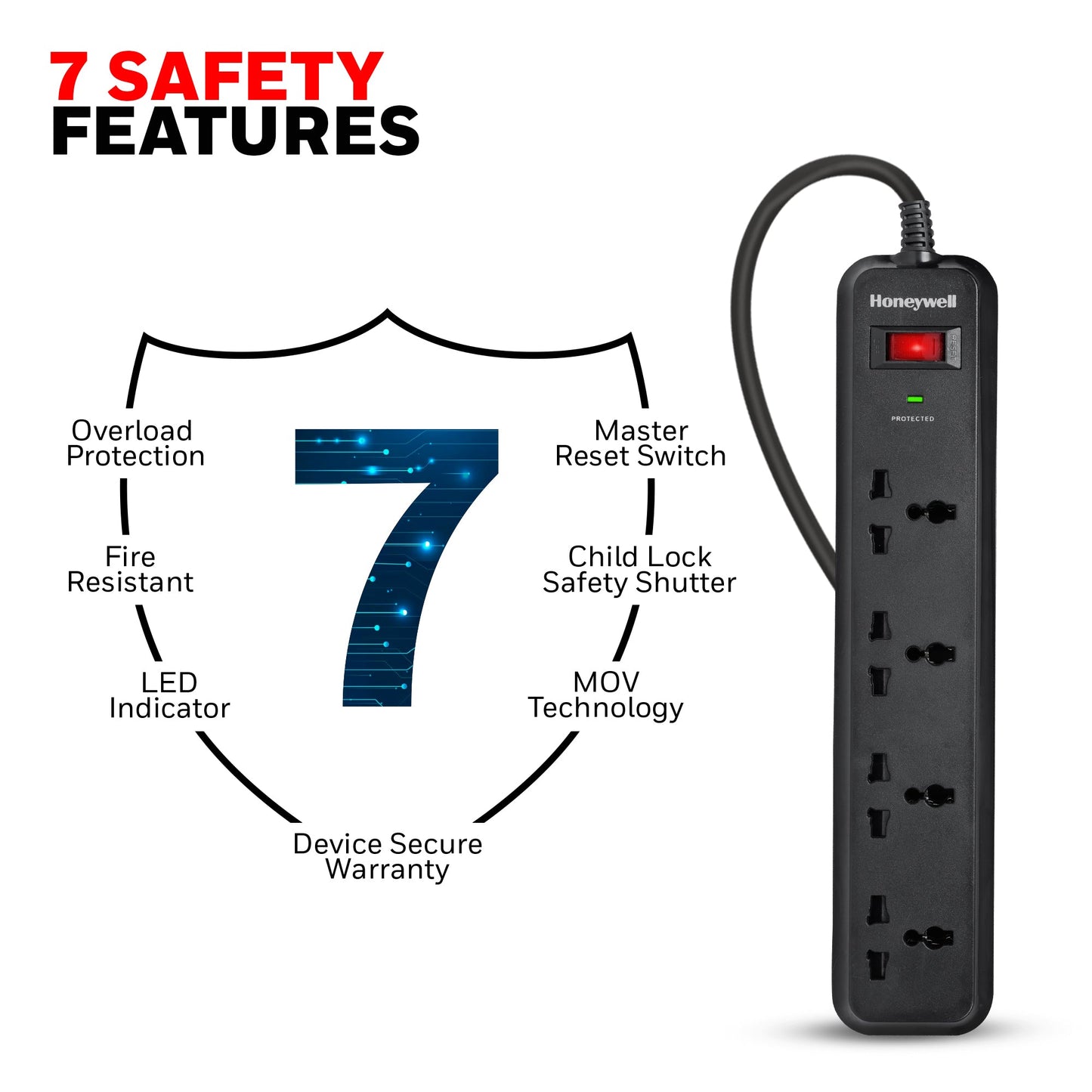 4 out surge protector with master switch - Black