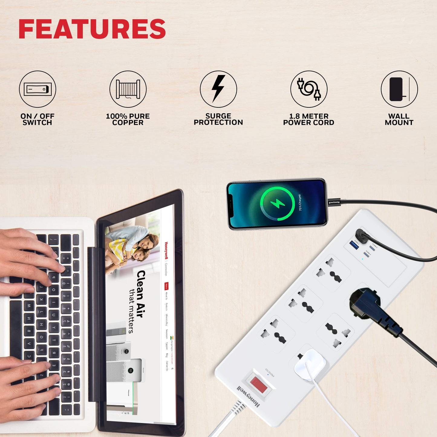 6 Outlet Surge Protector with 2xType C with PD & 2xUSB - White