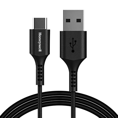 Black USB cable with one end labeled 'Honeywell' on a white background