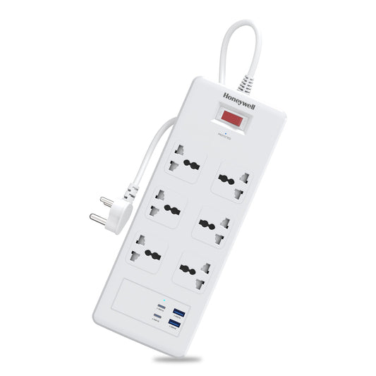 6 Outlet Surge Protector with 2xType C with PD & 2xUSB - White