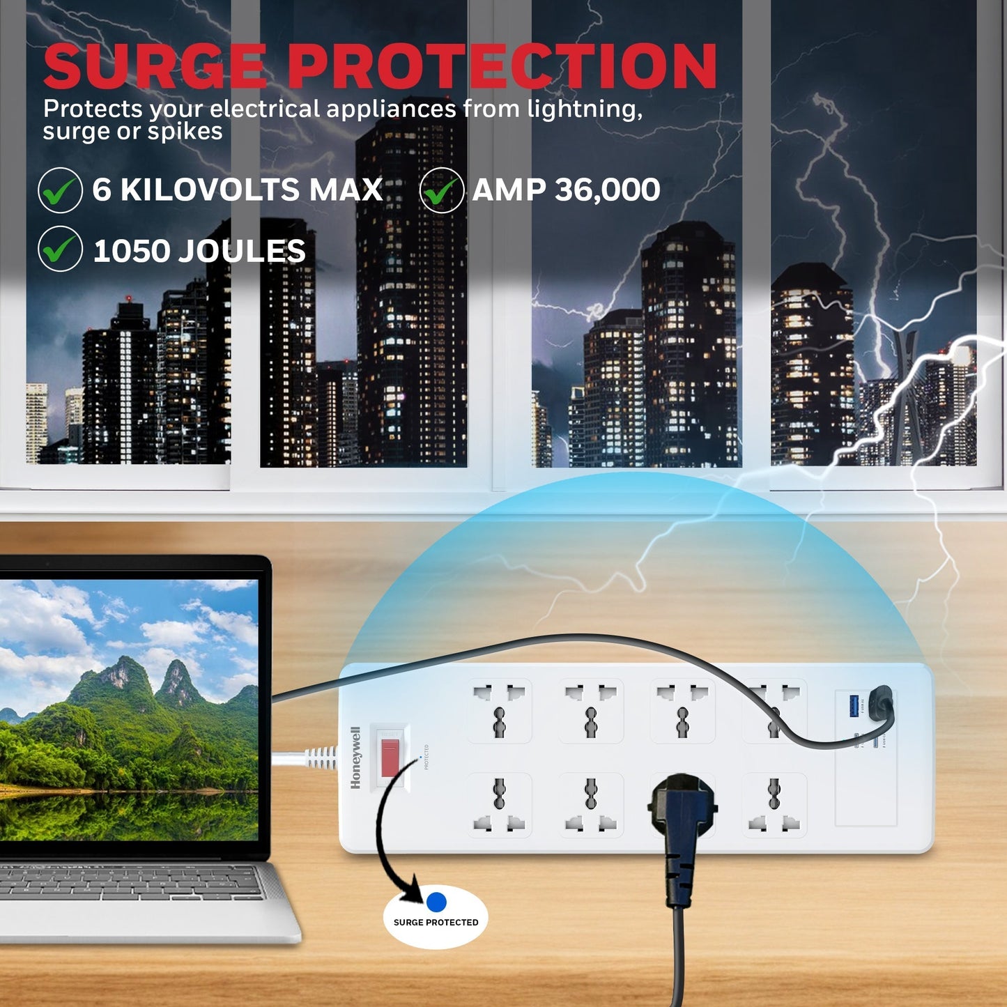 8 Outlet Surge Protector with 2 Type C with PD & 2 USB - White
