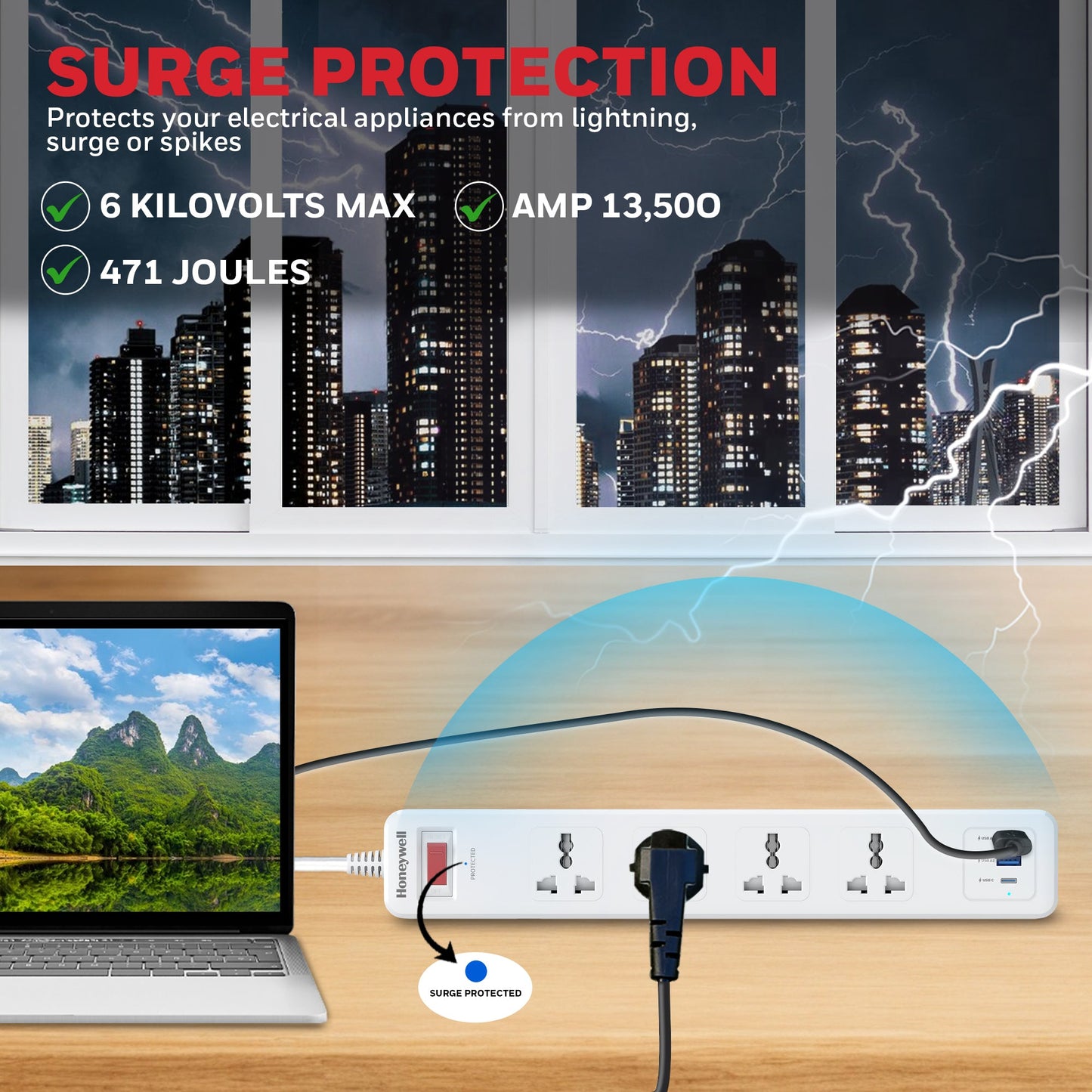 4 Outlet Surge Protector with 1xType C with PD & 2xUSB - White