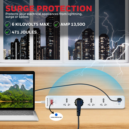 4 Outlet Surge Protector with 1xType C with PD & 2xUSB - White
