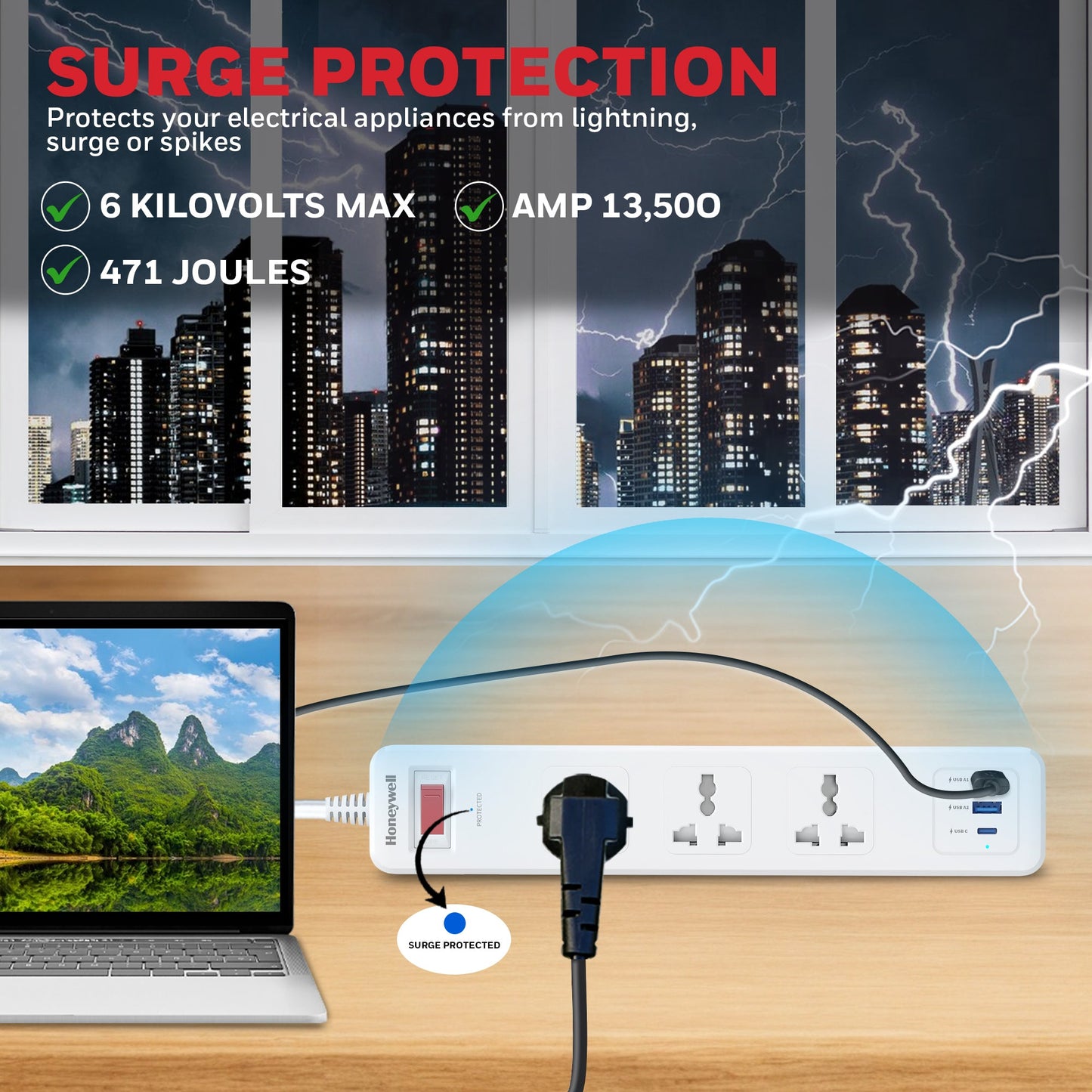 3 Outlet Surge Protector With 1xType C & 2xUSB - White