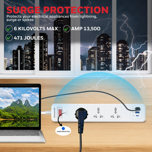 3 Outlet Surge Protector With 1xType C & 2xUSB - White