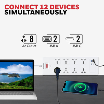8 Outlet Surge Protector with 2 Type C with PD & 2 USB - White