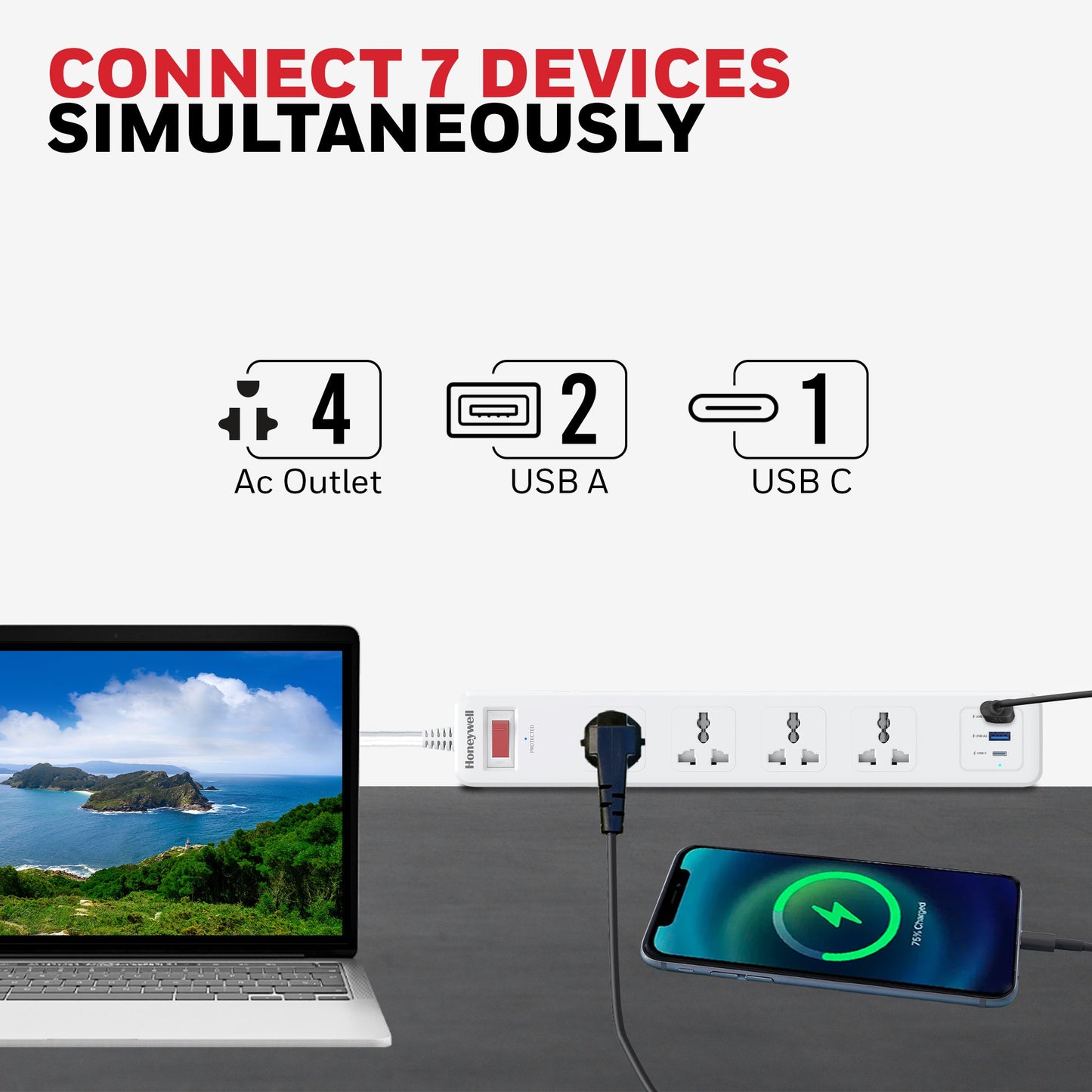 4 Outlet Surge Protector with 1xType C with PD & 2xUSB - White