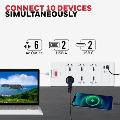 6 Outlet Surge Protector with 2xType C with PD & 2xUSB - White