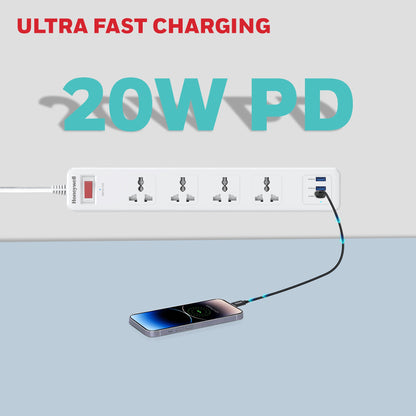 4 Outlet Surge Protector with 1xType C with PD & 2xUSB - White