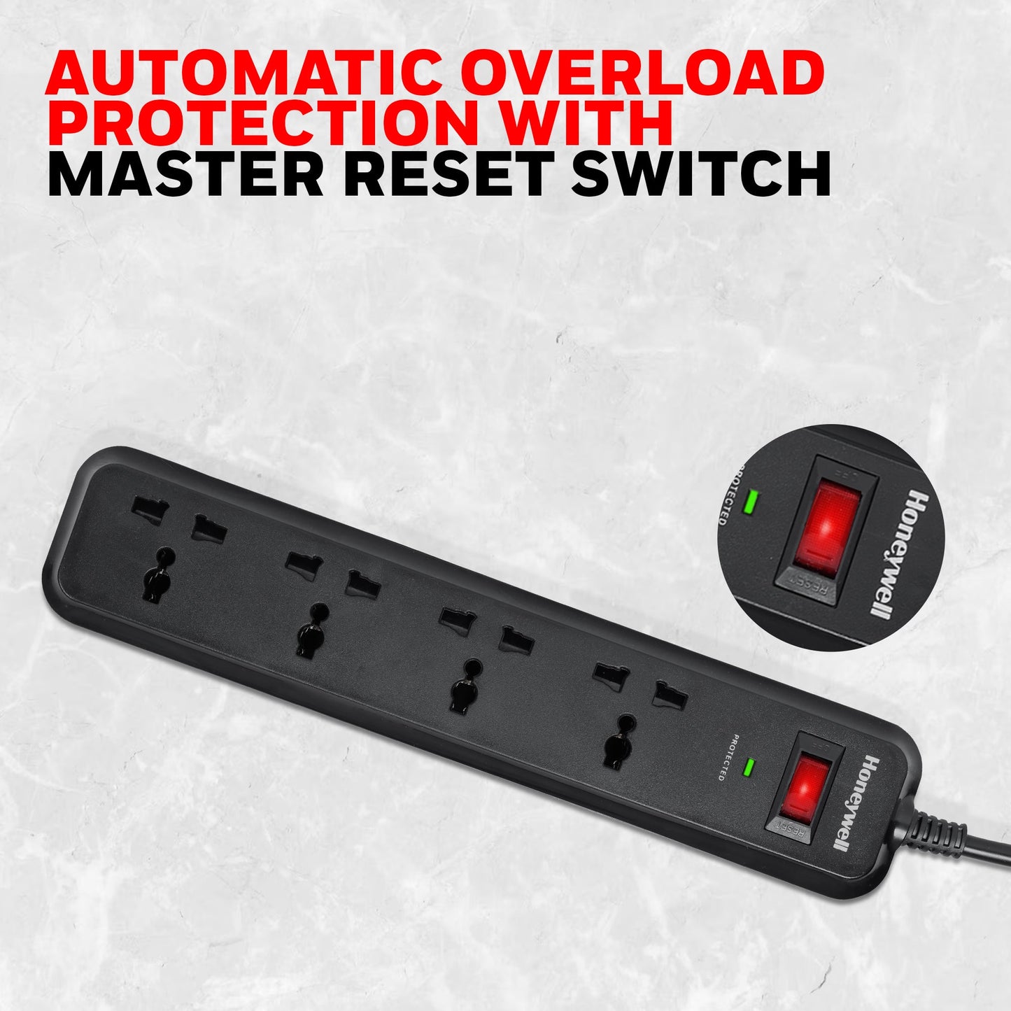 4 out surge protector with master switch - Black