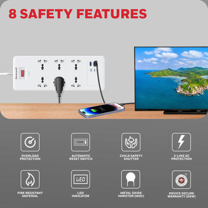 6 Outlet Surge Protector with 2xType C with PD & 2xUSB - White
