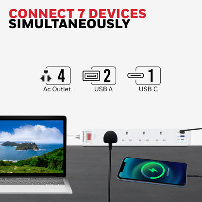 4 Outlet Surge Protector with 1xType C with PD & 2xUSB - White