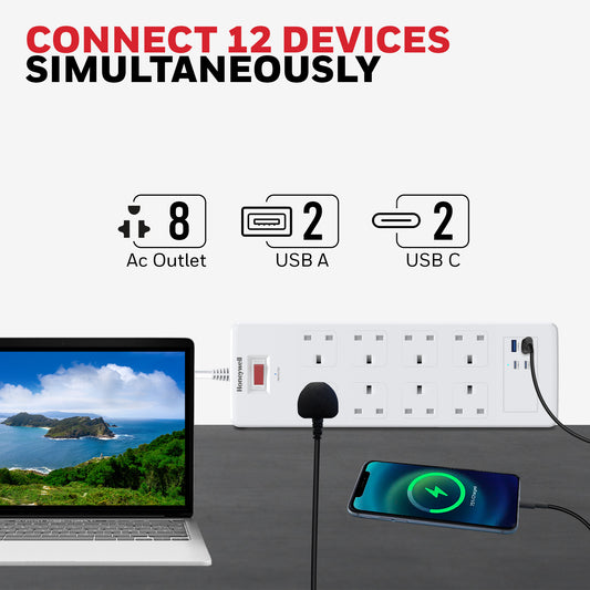 8 Outlet Surge Protector with 2 Type C with PD & 2 USB - White