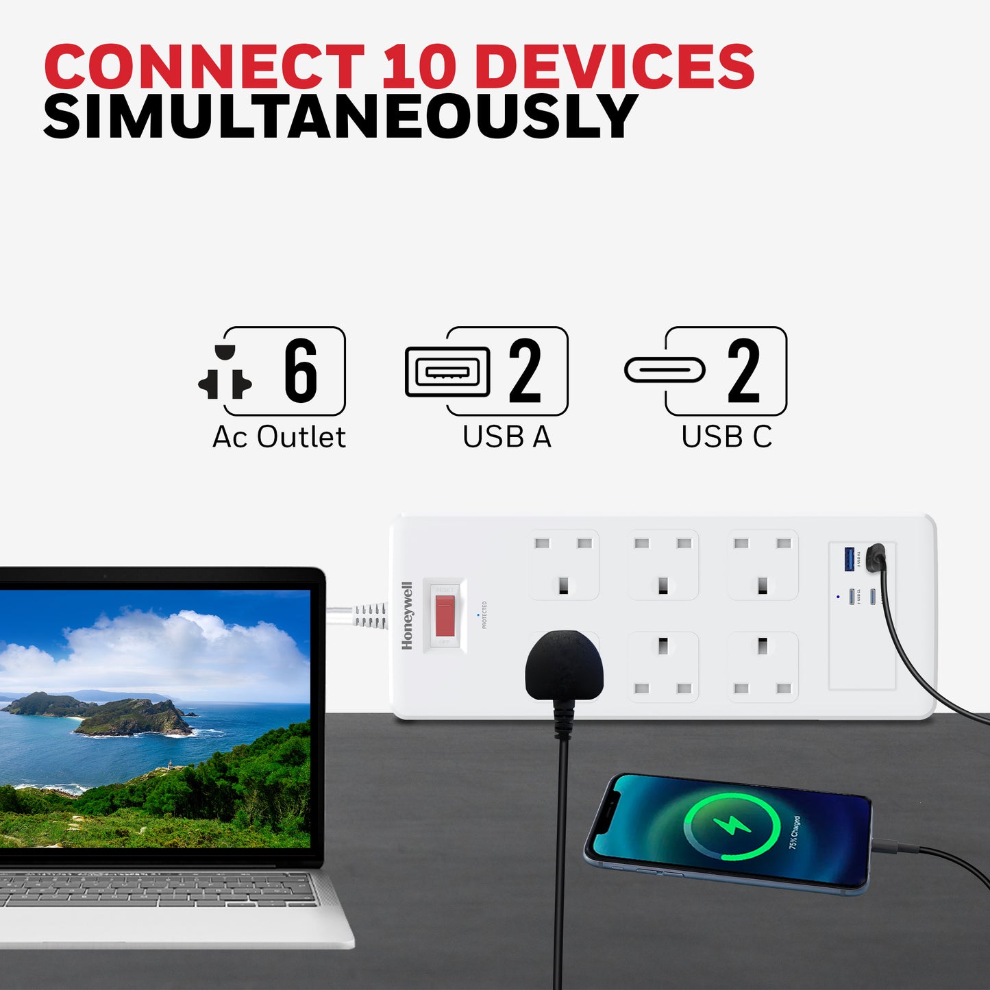 6 Outlet Surge Protector with 2xType C with PD & 2xUSB - White