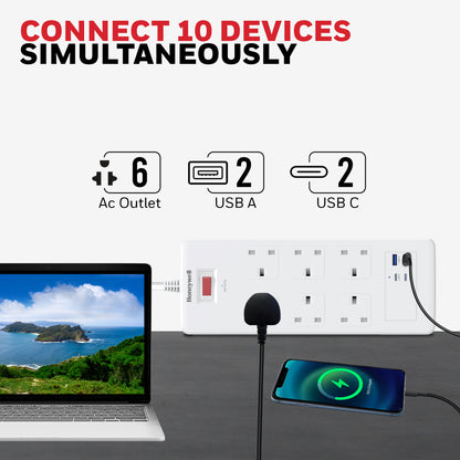 6 Outlet Surge Protector with 2xType C with PD & 2xUSB - White