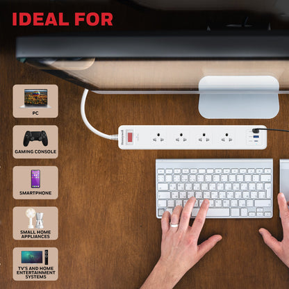4 Outlet Surge Protector with 1xType C with PD & 2xUSB - White