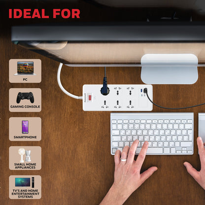 6 Outlet Surge Protector with 2xType C with PD & 2xUSB - White