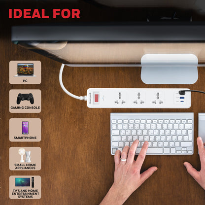 3 Outlet Surge Protector With 1xType C & 2xUSB - White