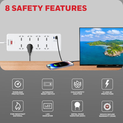 8 Outlet Surge Protector with 2 Type C with PD & 2 USB - White