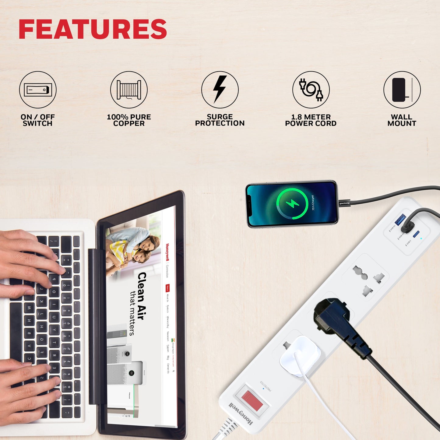 3 Outlet Surge Protector With 1xType C & 2xUSB - White