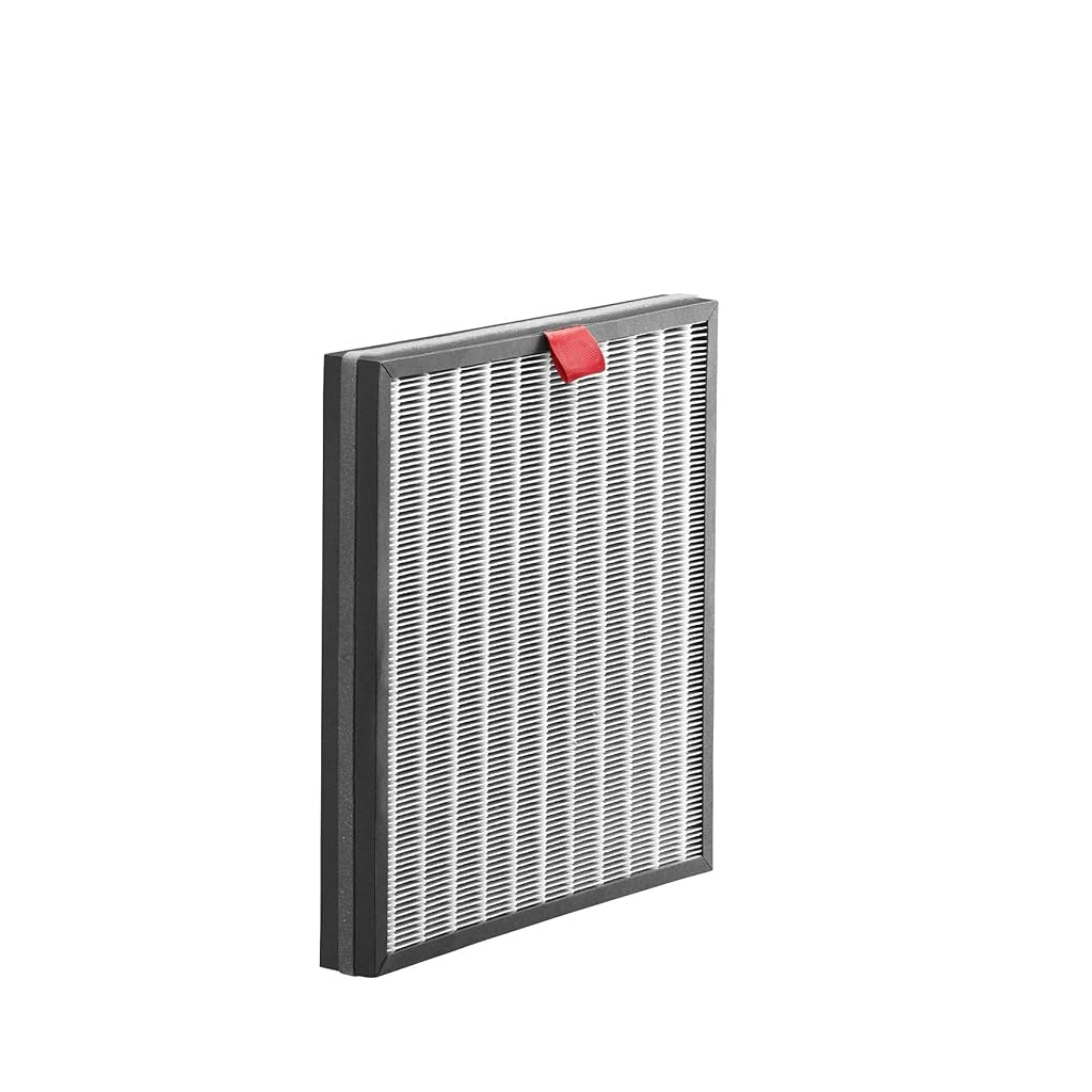 Rectangular air filter with a red label on a white background