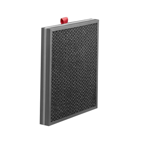 Rectangular black air purifier filter with a red label on a white background