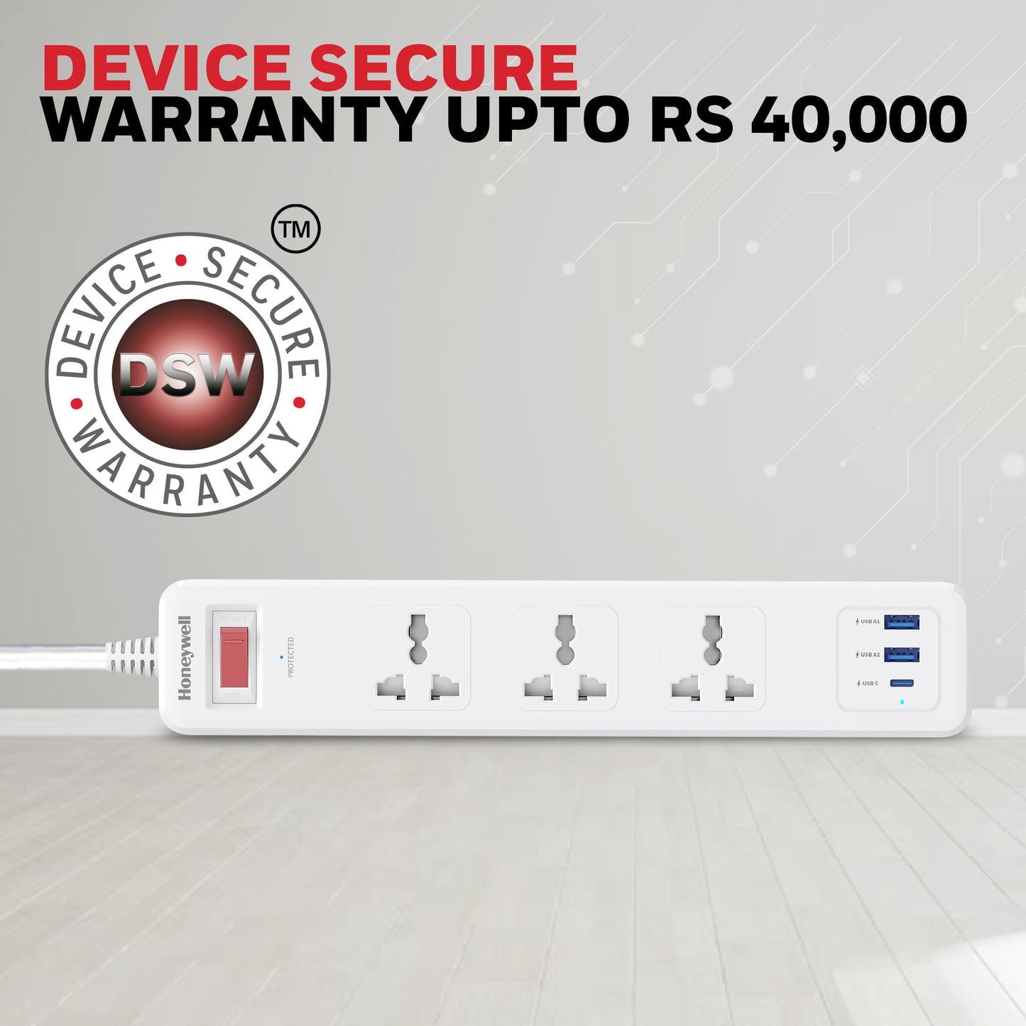 3 Outlet Surge Protector With 1xType C & 2xUSB - White