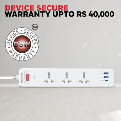 3 Outlet Surge Protector With 1xType C & 2xUSB - White