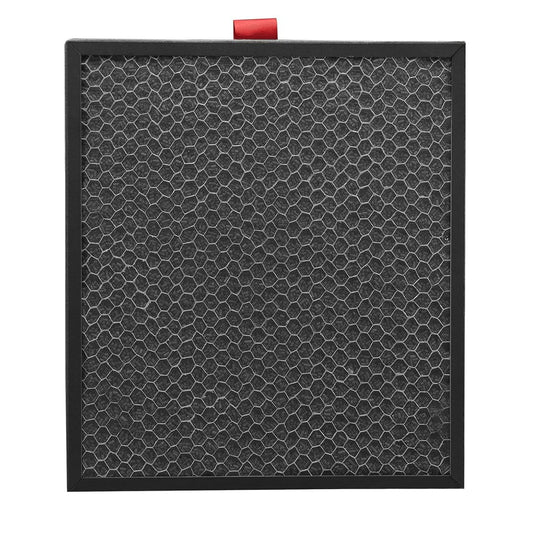 Black honeycomb air filter with a red clip on a white background