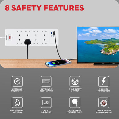 8 Outlet Surge Protector with 2 Type C with PD & 2 USB - White