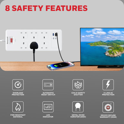 6 Outlet Surge Protector with 2xType C with PD & 2xUSB - White