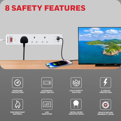 3 Outlet Surge Protector With 1xType C & 2xUSB - White