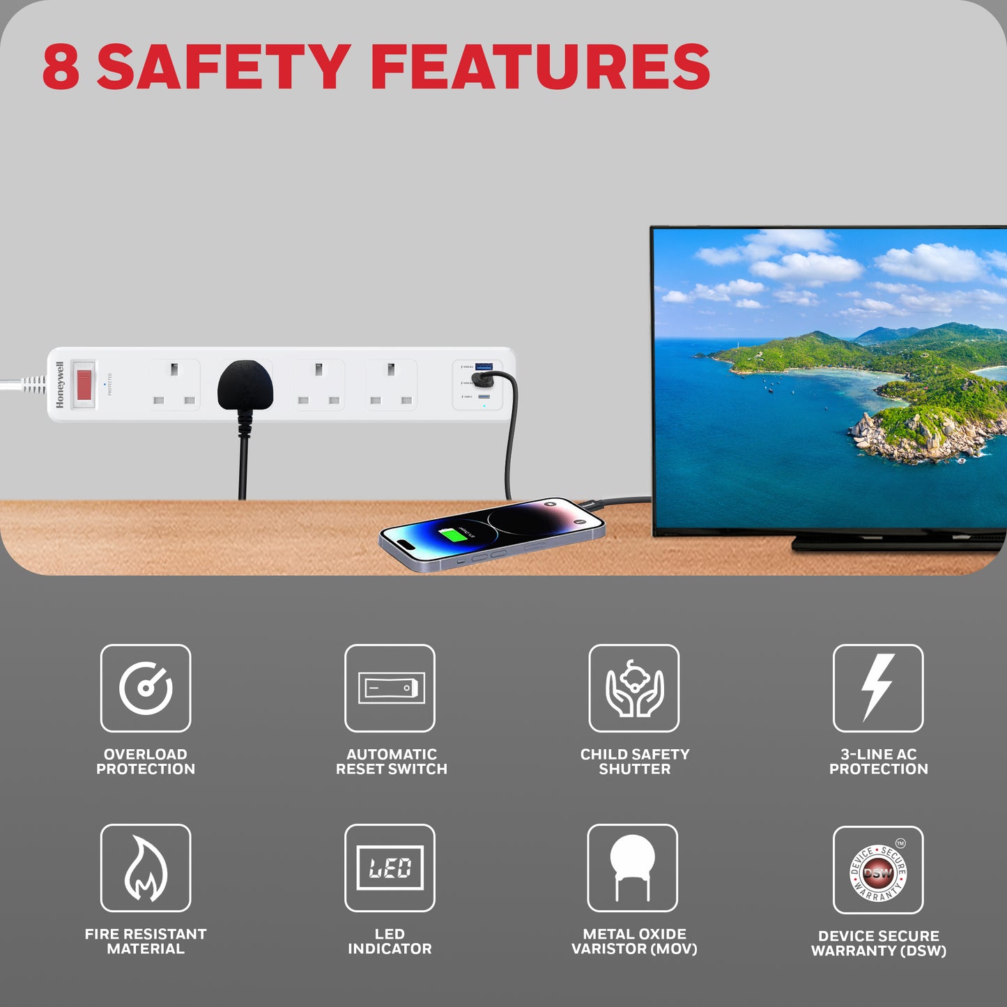 4 Outlet Surge Protector with 1xType C with PD & 2xUSB - White