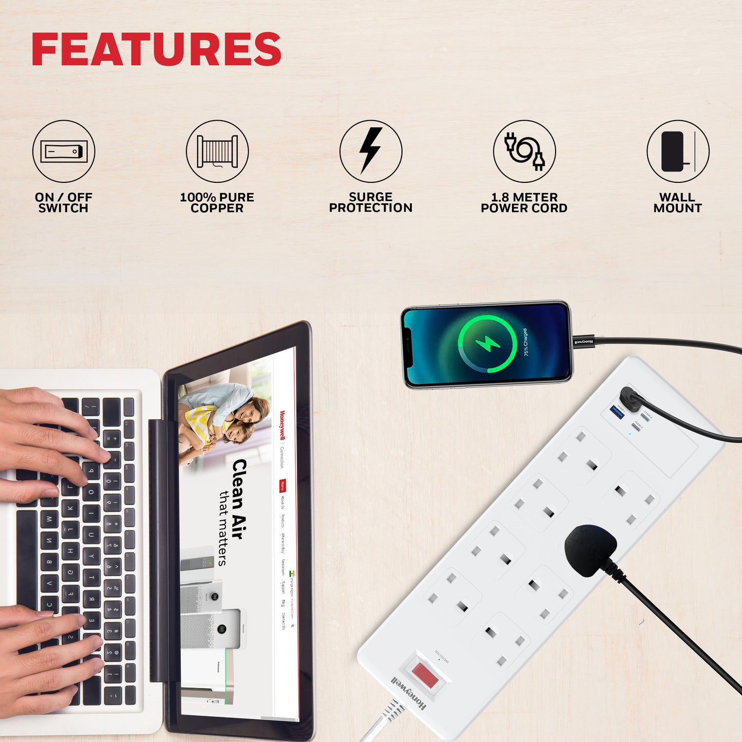 8 Outlet Surge Protector with 2 Type C with PD & 2 USB - White