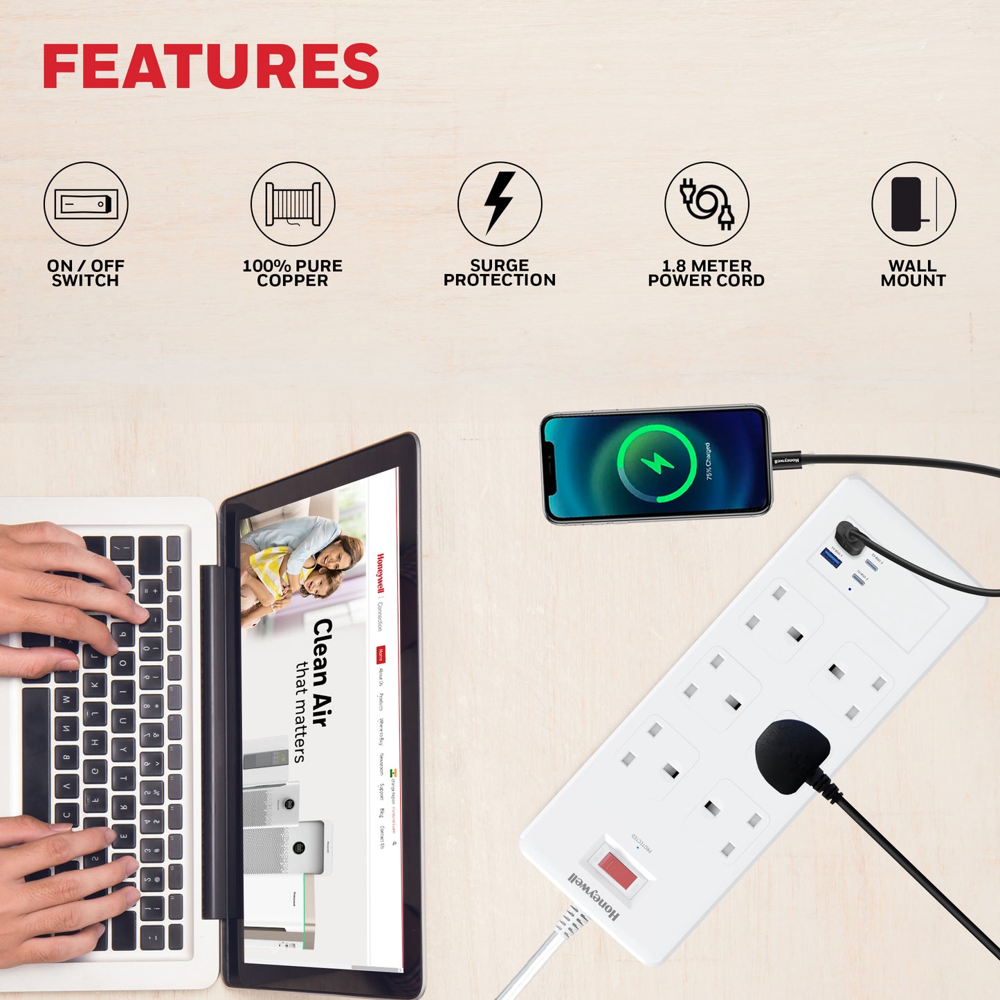 6 Outlet Surge Protector with 2xType C with PD & 2xUSB - White