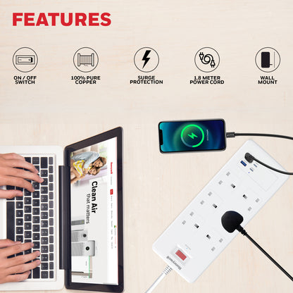 6 Outlet Surge Protector with 2xType C with PD & 2xUSB - White