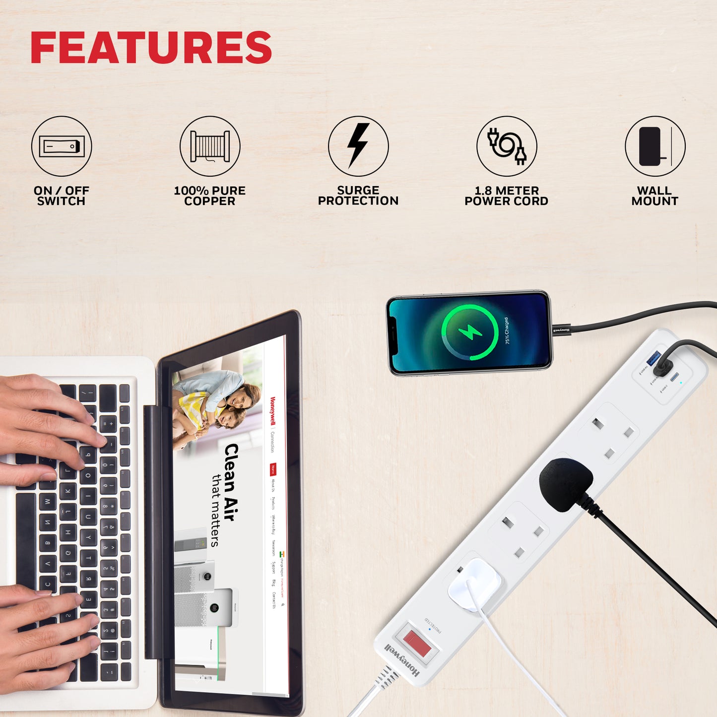 4 Outlet Surge Protector with 1xType C with PD & 2xUSB - White