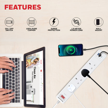 4 Outlet Surge Protector with 1xType C with PD & 2xUSB - White