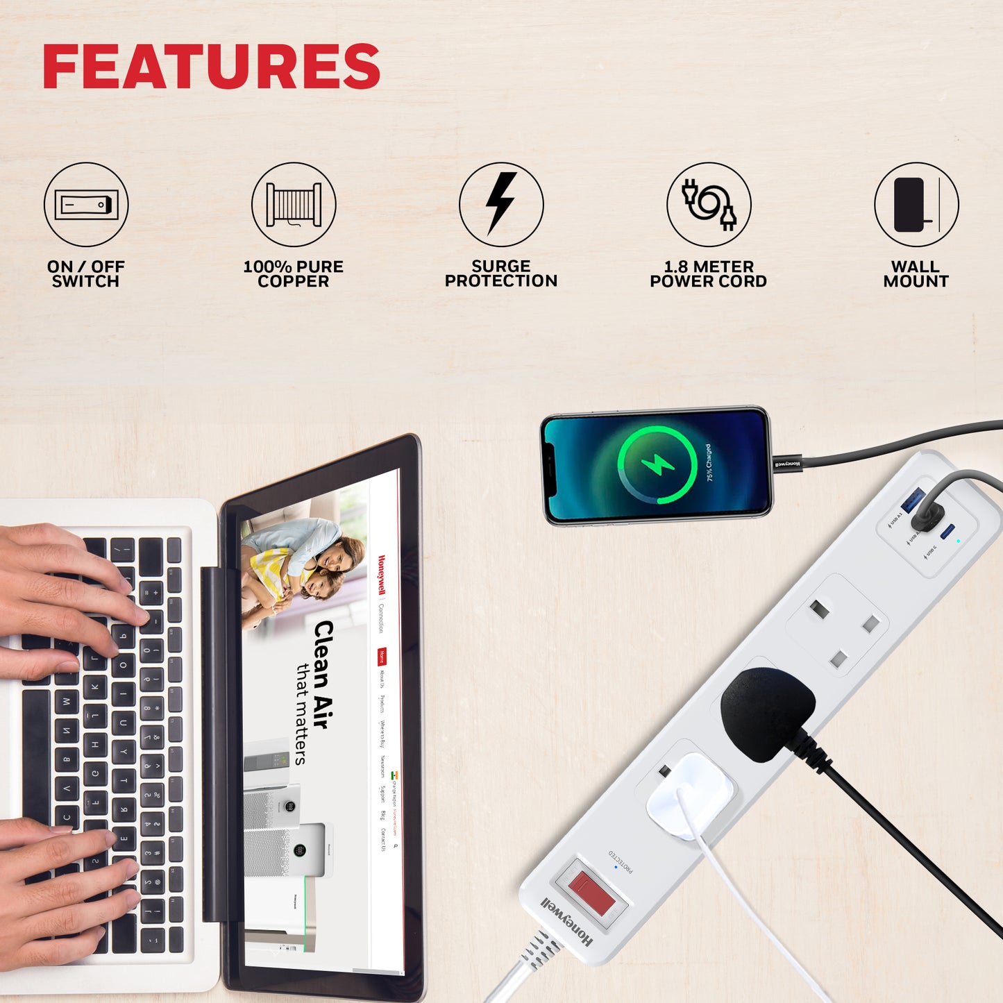 3 Outlet Surge Protector With 1xType C & 2xUSB - White