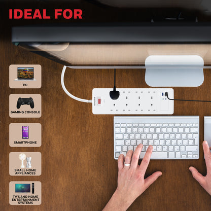 8 Outlet Surge Protector with 2 Type C with PD & 2 USB - White