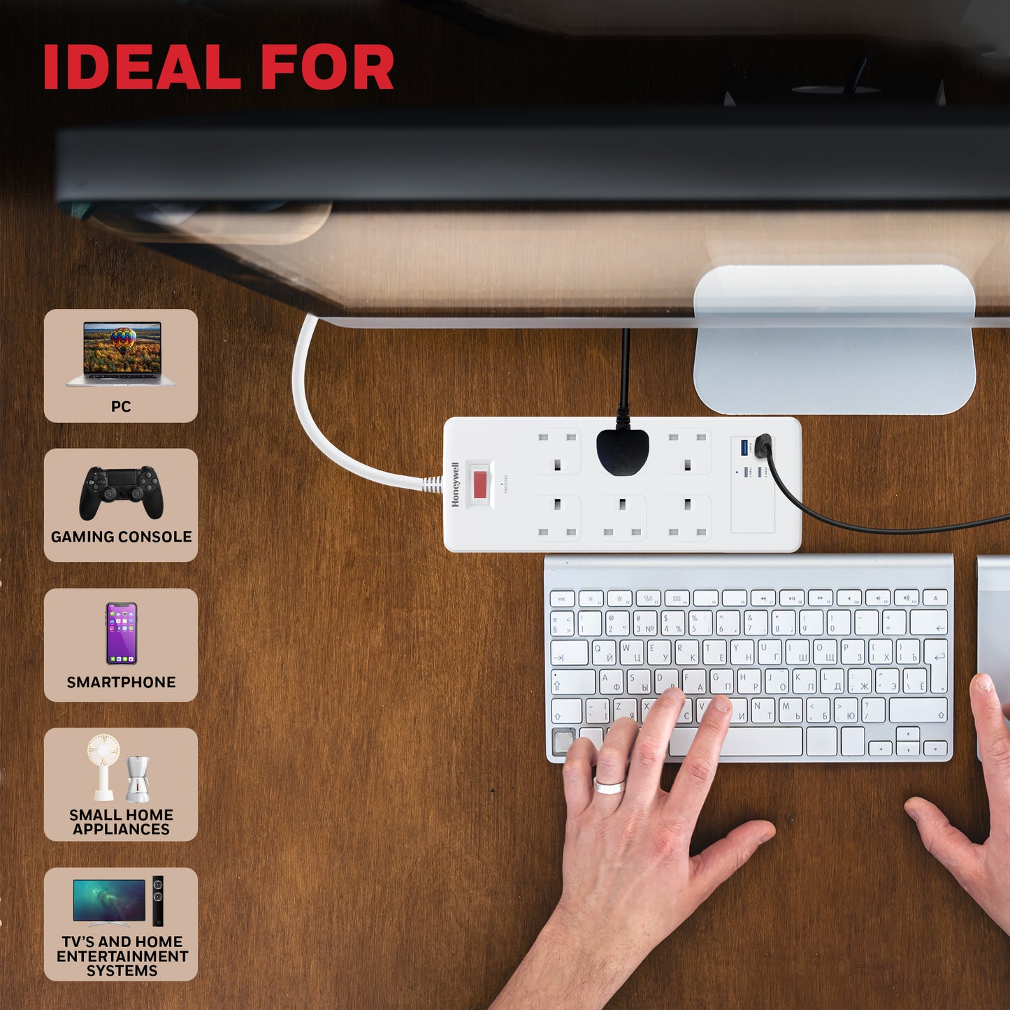 6 Outlet Surge Protector with 2xType C with PD & 2xUSB - White