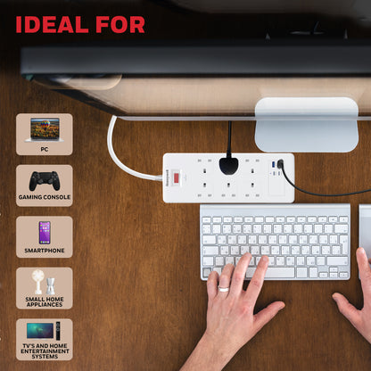6 Outlet Surge Protector with 2xType C with PD & 2xUSB - White