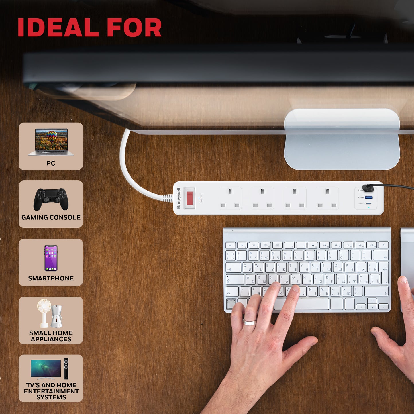 4 Outlet Surge Protector with 1xType C with PD & 2xUSB - White